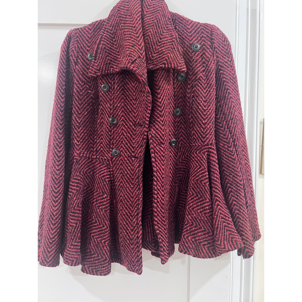 Free People Red Black Herringbone Chevron Peplum Double Breasted Jacket Coat